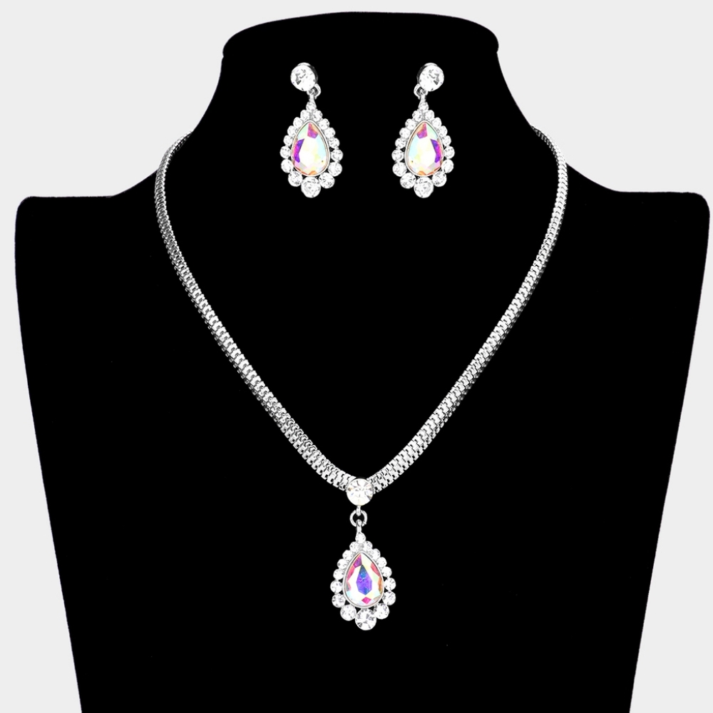 Silver Ab Teardrop Pendant Crystal Necklace Set Earrings Formal Bling Jewelry